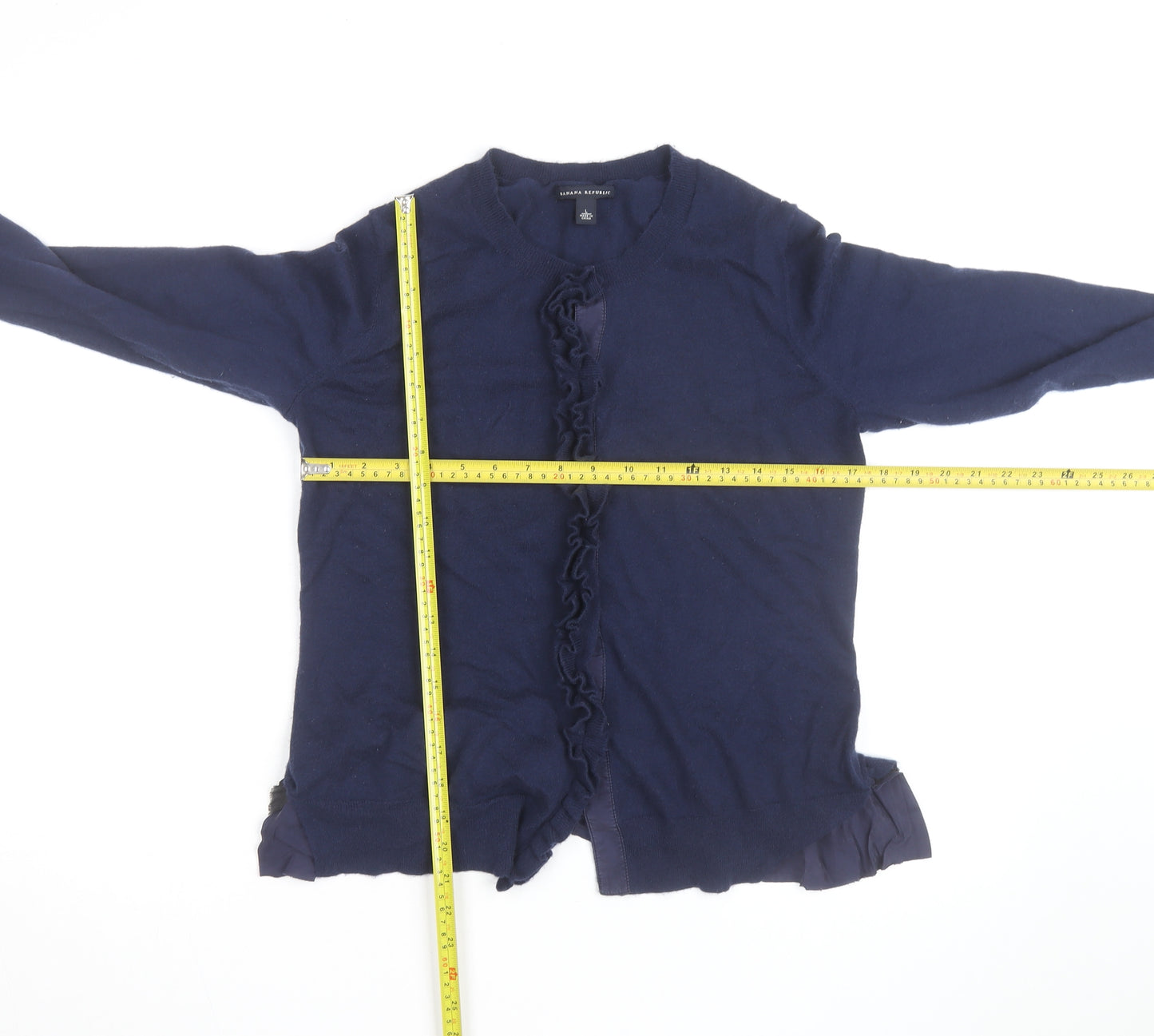 Banana Republic Women's Blue Merino Wool Cardigan L Ruffle Trim