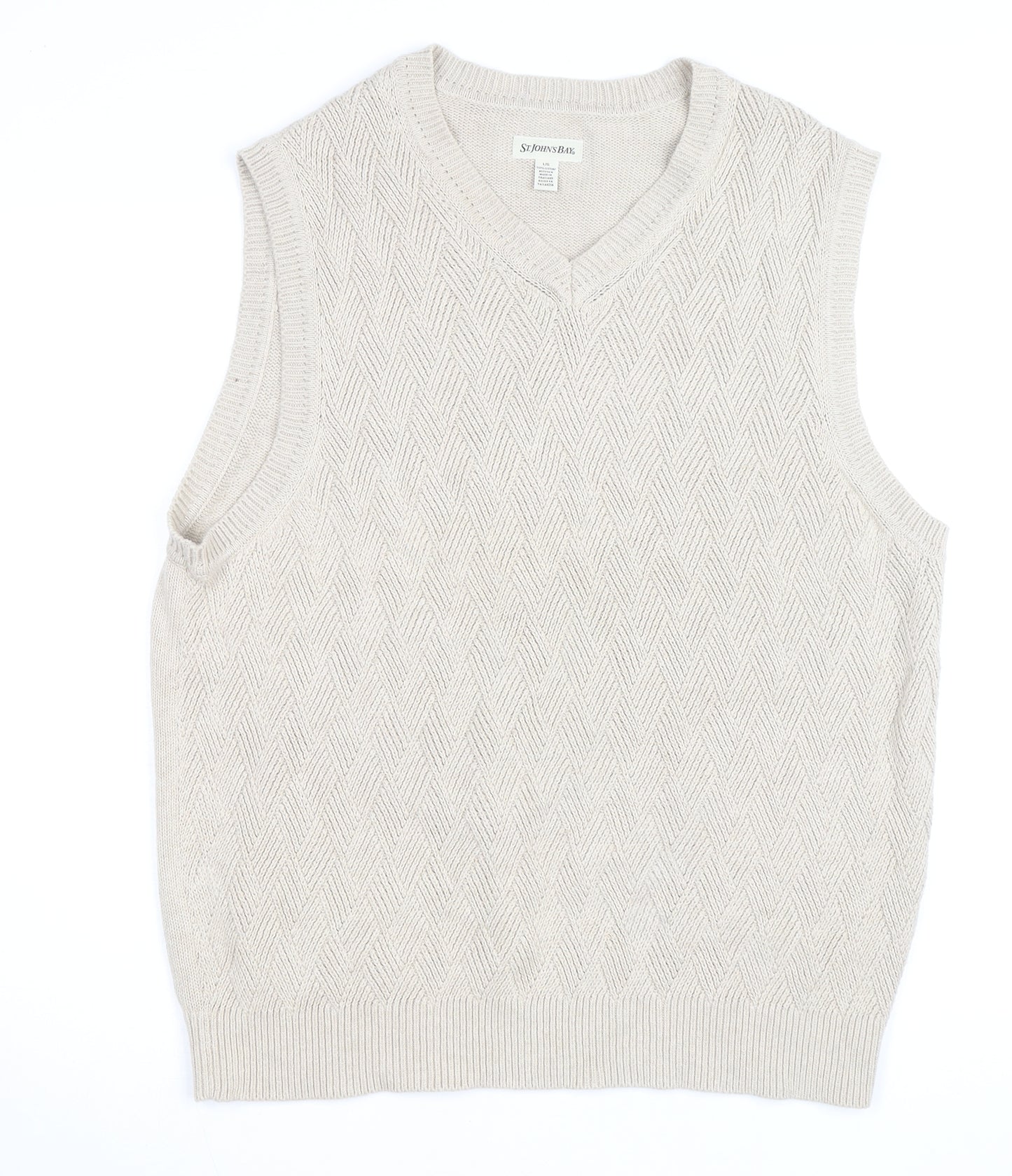 St. John’s Bay Men Beige Knit Cotton V-Neck Sleeveless Vest L