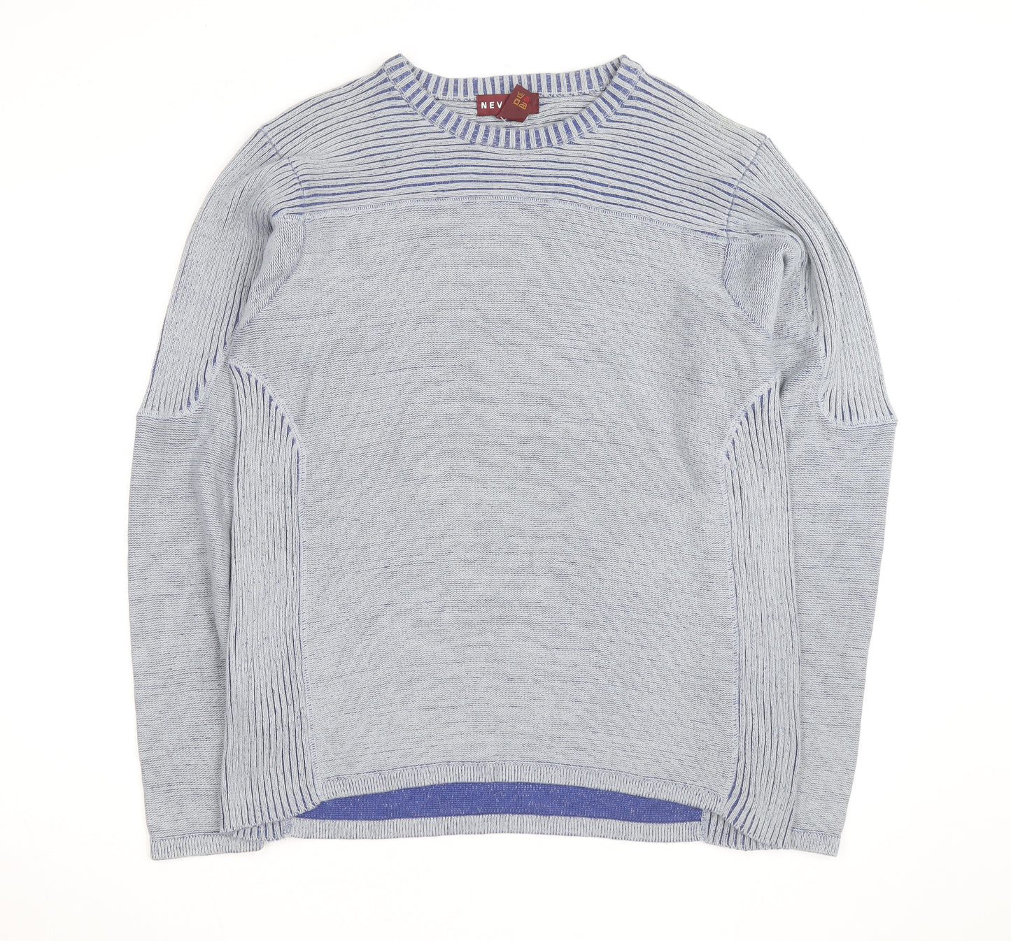 Nevada Men's Grey Cotton Crew Neck Striped Jumper M