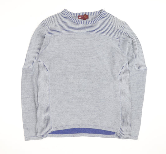 Nevada Men's Grey Cotton Crew Neck Striped Jumper M