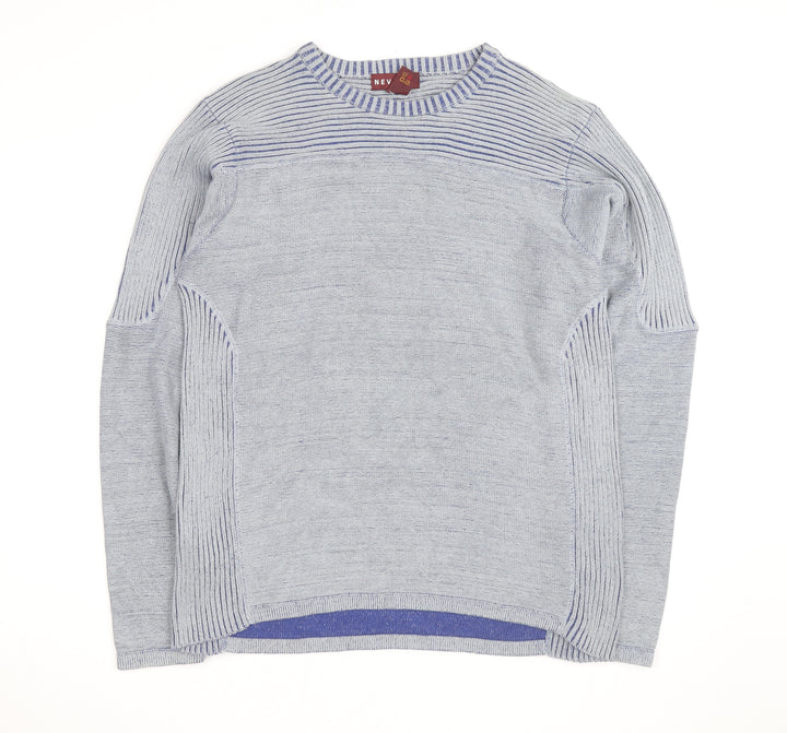 Nevada Men's Grey Cotton Crew Neck Striped Jumper M