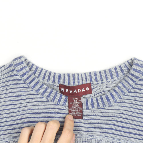 Nevada Men's Grey Cotton Crew Neck Striped Jumper M