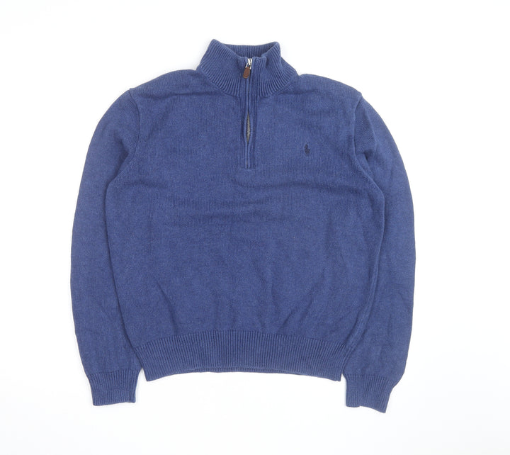 Ralph Lauren Men's Blue Wool High Neck 1/2 Zip Jumper Size L