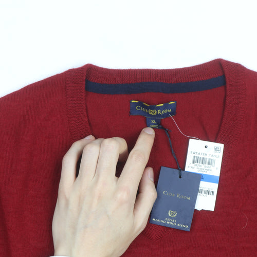 Club Room Men's Red Merino Wool Blend V-Neck Jumper XL