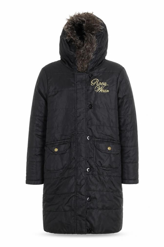 Front view of Rocawear Men's Black Hooded Padded Parka Coat, size M