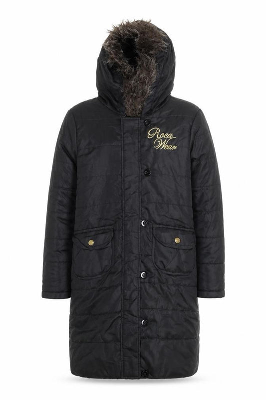 Front view of Rocawear Men's Black Hooded Padded Parka Coat, size M