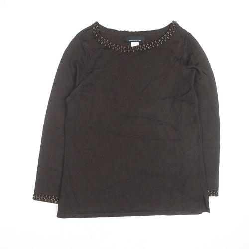 Jones New York Women’s Brown Beaded Boat Neck Long Sleeve Pullover Jumper Size M