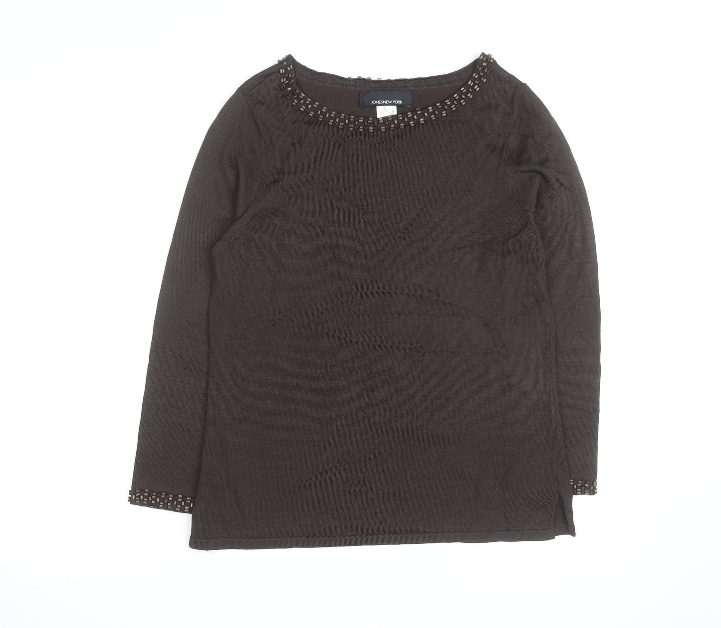 Jones New York Women’s Brown Beaded Boat Neck Long Sleeve Pullover Jumper Size M