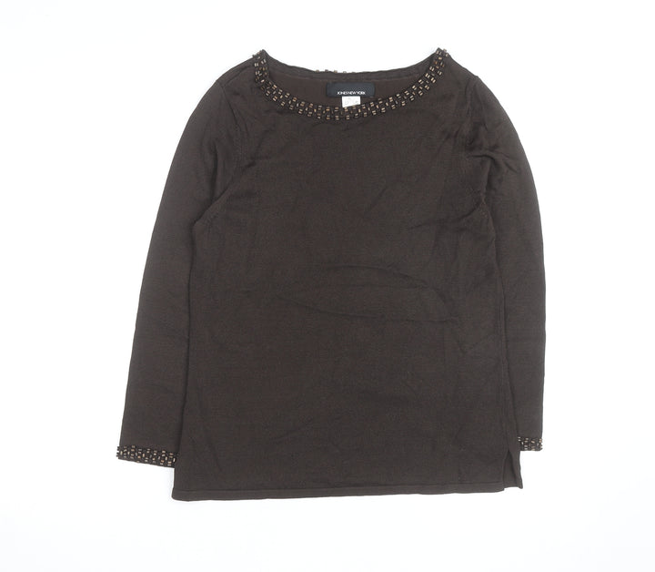 Jones New York Women’s Brown Beaded Boat Neck Long Sleeve Pullover Jumper Size M