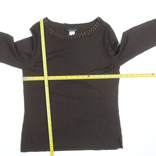 Jones New York Women’s Brown Beaded Boat Neck Long Sleeve Pullover Jumper Size M