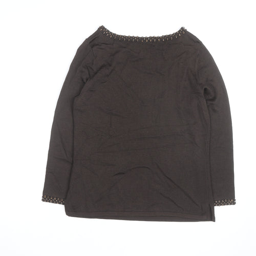 Jones New York Women’s Brown Beaded Boat Neck Long Sleeve Pullover Jumper Size M