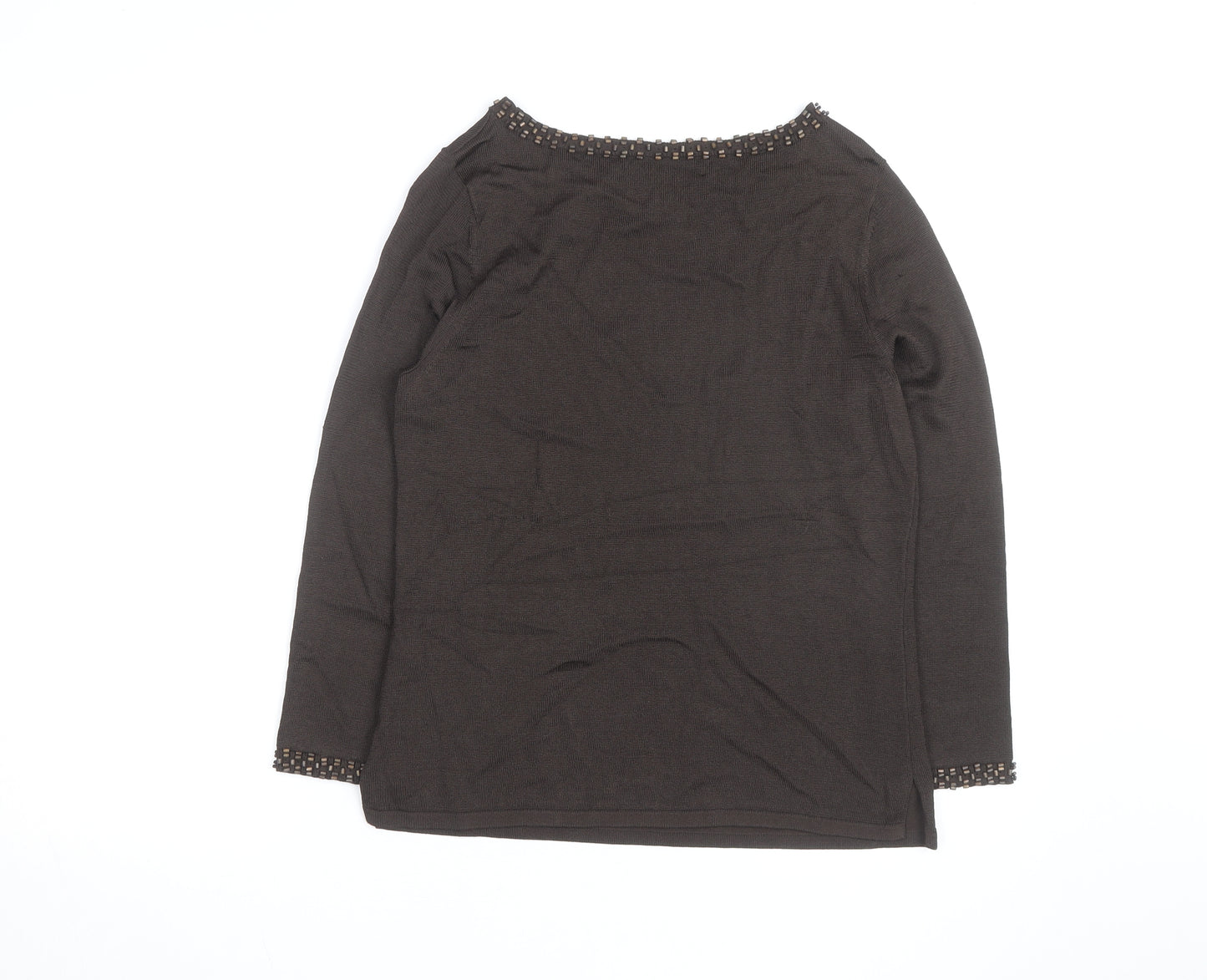 Jones New York Women’s Brown Beaded Boat Neck Long Sleeve Pullover Jumper Size M