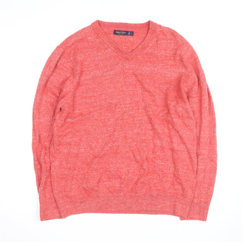 Nautica Men's Red V-Neck Knit Pullover Jumper Size L