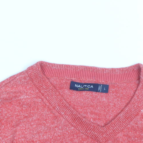 Nautica Men's Red V-Neck Knit Pullover Jumper Size L