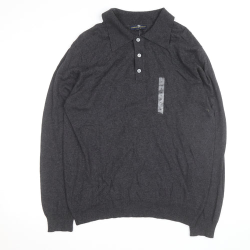 Cambridge Classics Men's Grey Collared Long Sleeve Cotton Blend Polo M