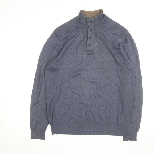 Massimo Dutti Men's Blue Henley Jumper Size L Cotton Cashmere