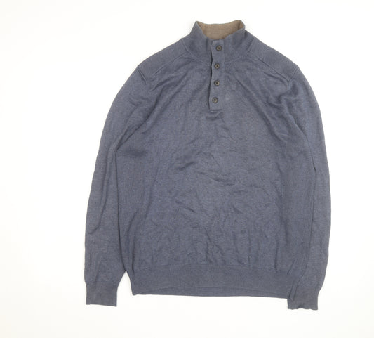 Massimo Dutti Men's Blue Henley Jumper Size L Cotton Cashmere