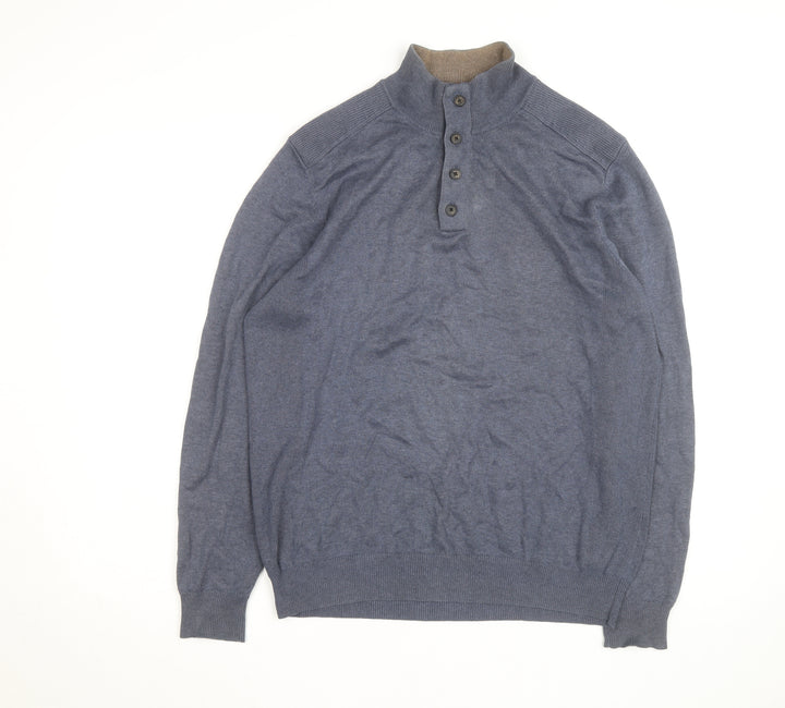 Massimo Dutti Men's Blue Henley Jumper Size L Cotton Cashmere