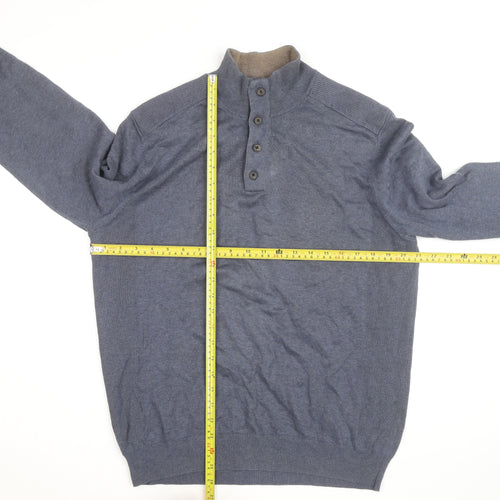Massimo Dutti Men's Blue Henley Jumper Size L Cotton Cashmere