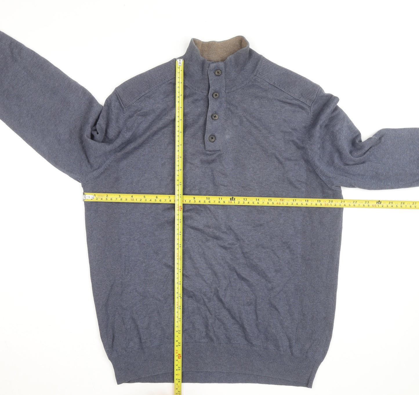 Massimo Dutti Men's Blue Henley Jumper Size L Cotton Cashmere