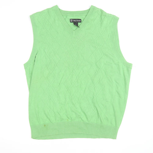 Pro Tour Men's Green Cotton Golf Vest M V-Neck Argyle Knit Jumper