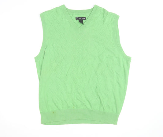 Pro Tour Men's Green Cotton Golf Vest M V-Neck Argyle Knit Jumper