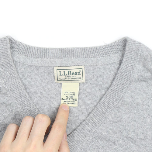 L.L. Bean Men's Grey XL V-Neck Cotton Cashmere Jumper