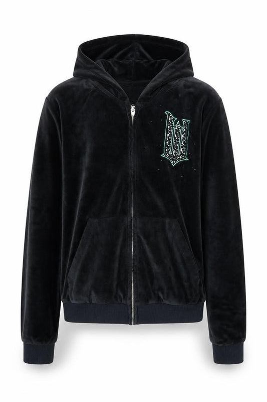Front view of Wicked girls’ black velour rhinestone full zip hoodie 12-13 years