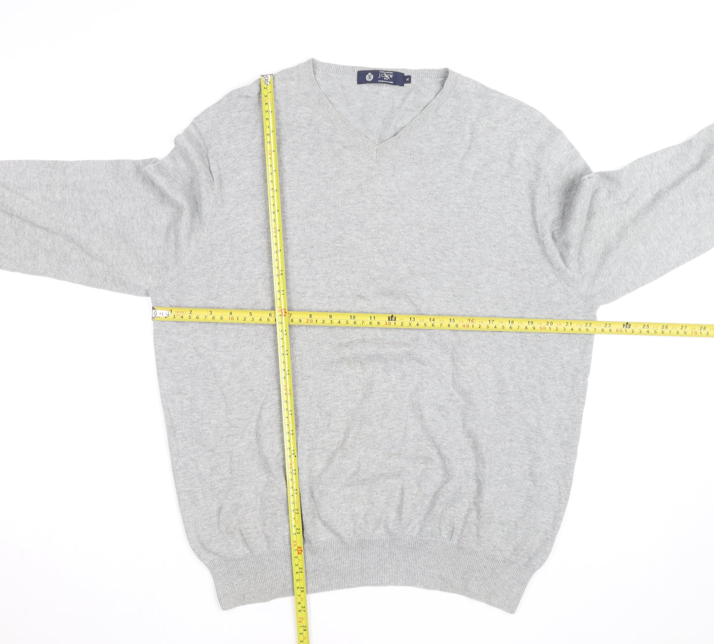 J.Crew Mens Grey Cotton V-Neck Jumper XL Classic Knit Pullover