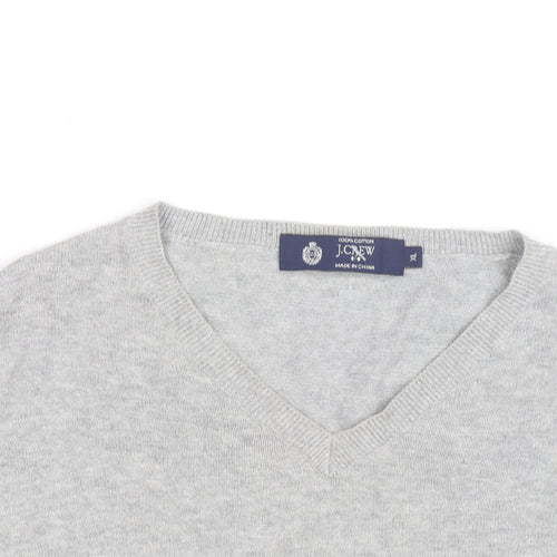 J.Crew Mens Grey Cotton V-Neck Jumper XL Classic Knit Pullover