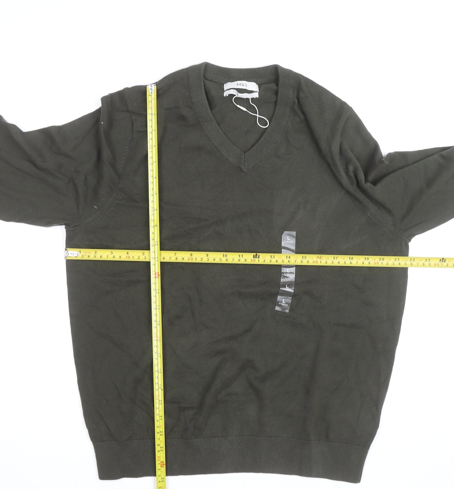 Marks and Spencer Men’s Green Cotton V-Neck Jumper L Regular