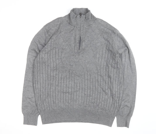 Sergio Louis Mens Grey L Half Zip Cable Knit Jumper Regular Fit