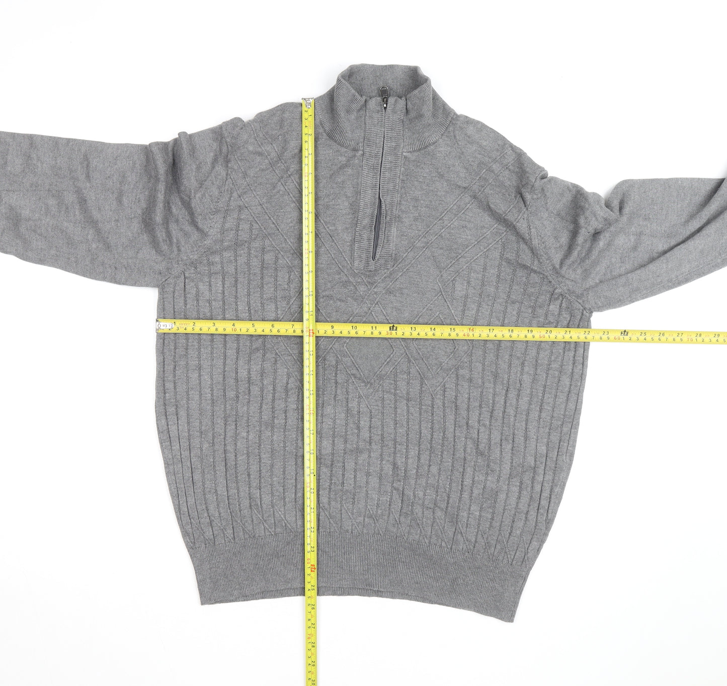 Sergio Louis Mens Grey L Half Zip Cable Knit Jumper Regular Fit