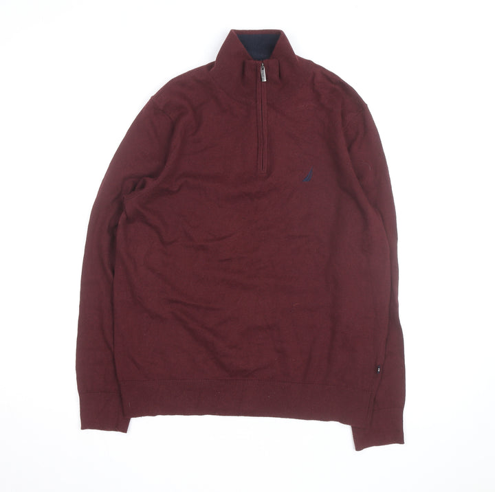 Nautica Men's Red 1/4 Zip Cotton Jumper L High Neck Knitwear