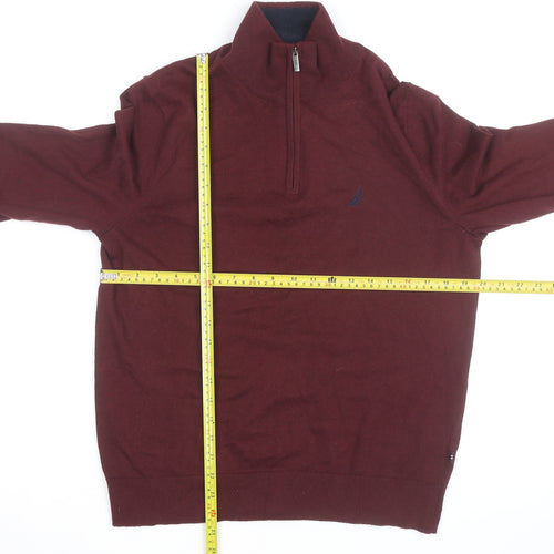 Nautica Men's Red 1/4 Zip Cotton Jumper L High Neck Knitwear