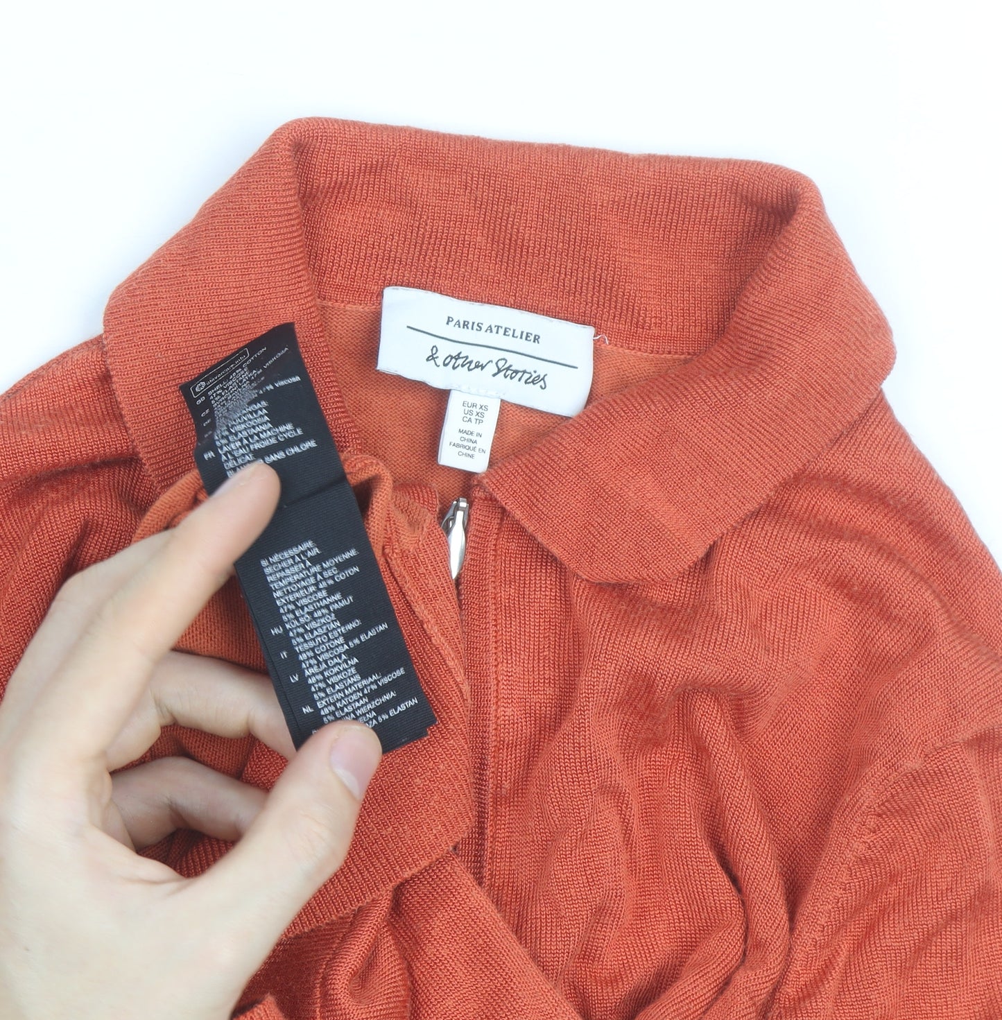 & Other Stories Women Orange Collared Zip Jumper XS Cotton Knit
