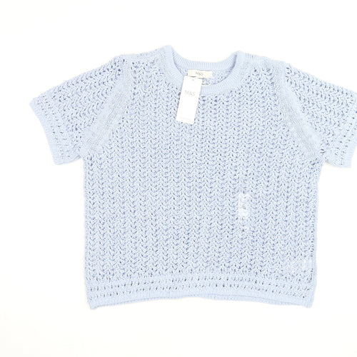 Marks and Spencer Women’s Blue Open Knit Cotton Acrylic Short Sleeve Jumper L