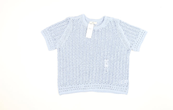Marks and Spencer Women’s Blue Open Knit Cotton Acrylic Short Sleeve Jumper L