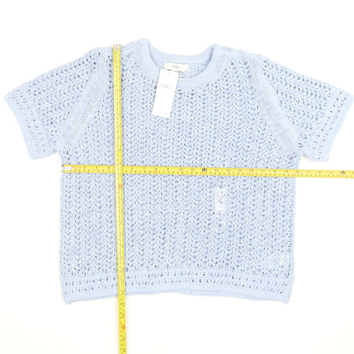 Marks and Spencer Women’s Blue Open Knit Cotton Acrylic Short Sleeve Jumper L