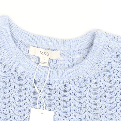 Marks and Spencer Women’s Blue Open Knit Cotton Acrylic Short Sleeve Jumper L