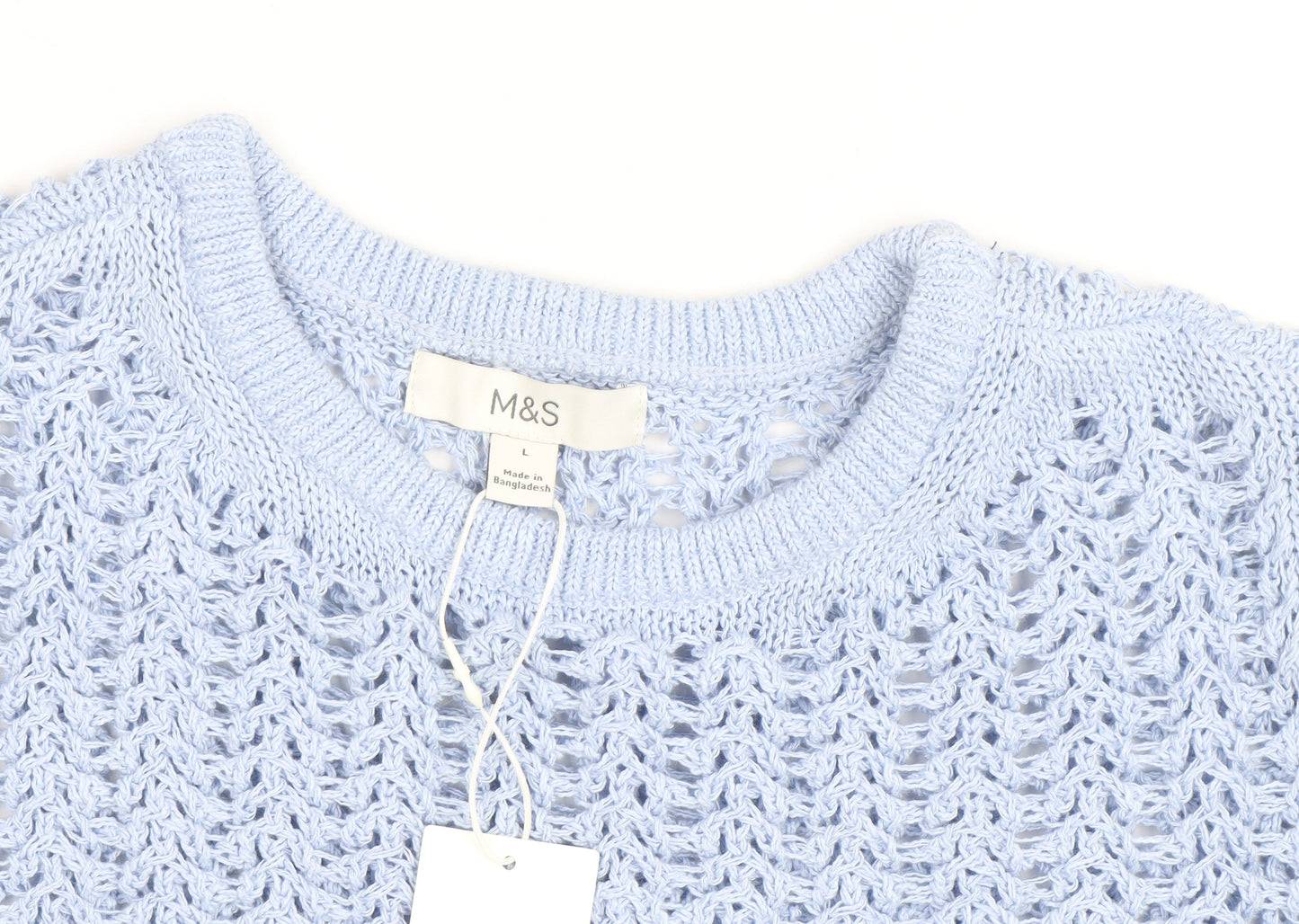 Marks and Spencer Women’s Blue Open Knit Cotton Acrylic Short Sleeve Jumper L