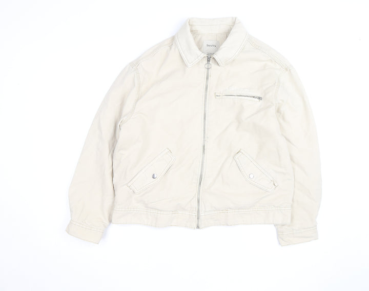 Bershka Men's Beige Cotton Bomber Jacket Size M Zip Pockets Casual