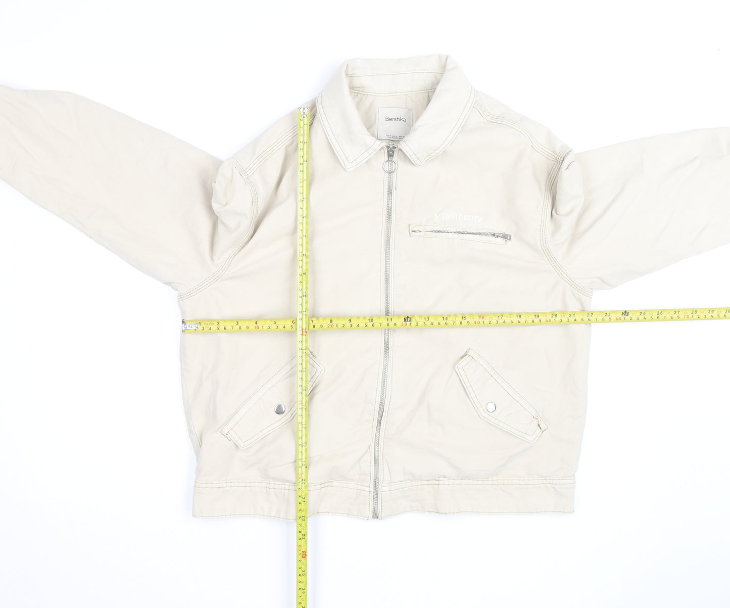 Bershka Men's Beige Cotton Bomber Jacket Size M Zip Pockets Casual