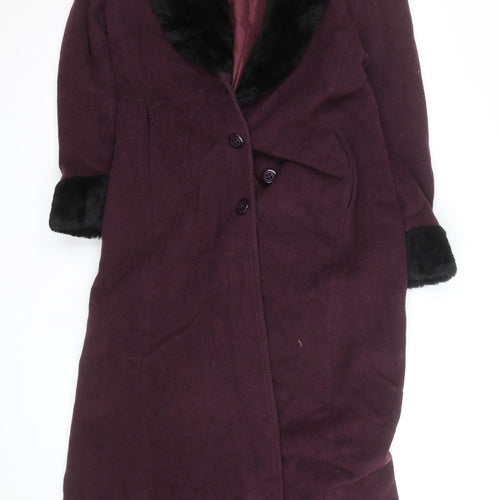 Le Montaigne Burgundy Wool Long Coat with Faux Fur Collar - Women’s M Elegant Winter Overcoat