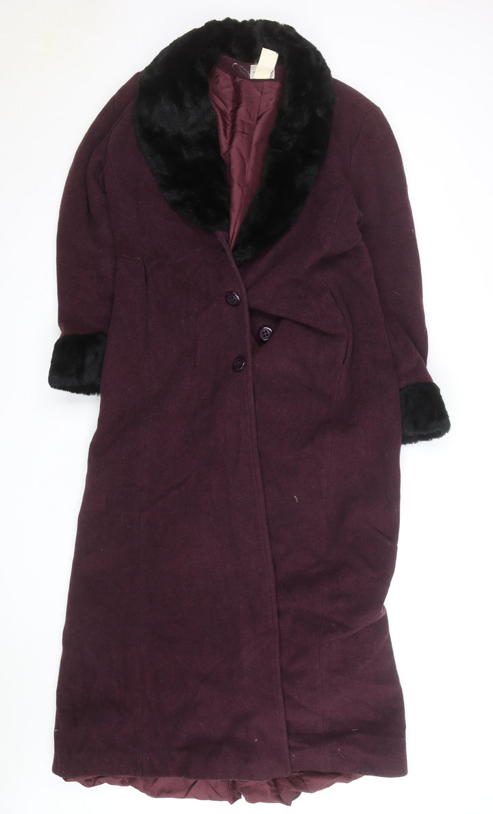Le Montaigne Burgundy Wool Long Coat with Faux Fur Collar - Women’s M Elegant Winter Overcoat
