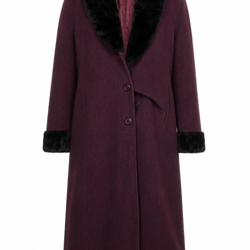 Le Montaigne Burgundy Wool Long Coat with Faux Fur Collar - Women’s M Elegant Winter Overcoat