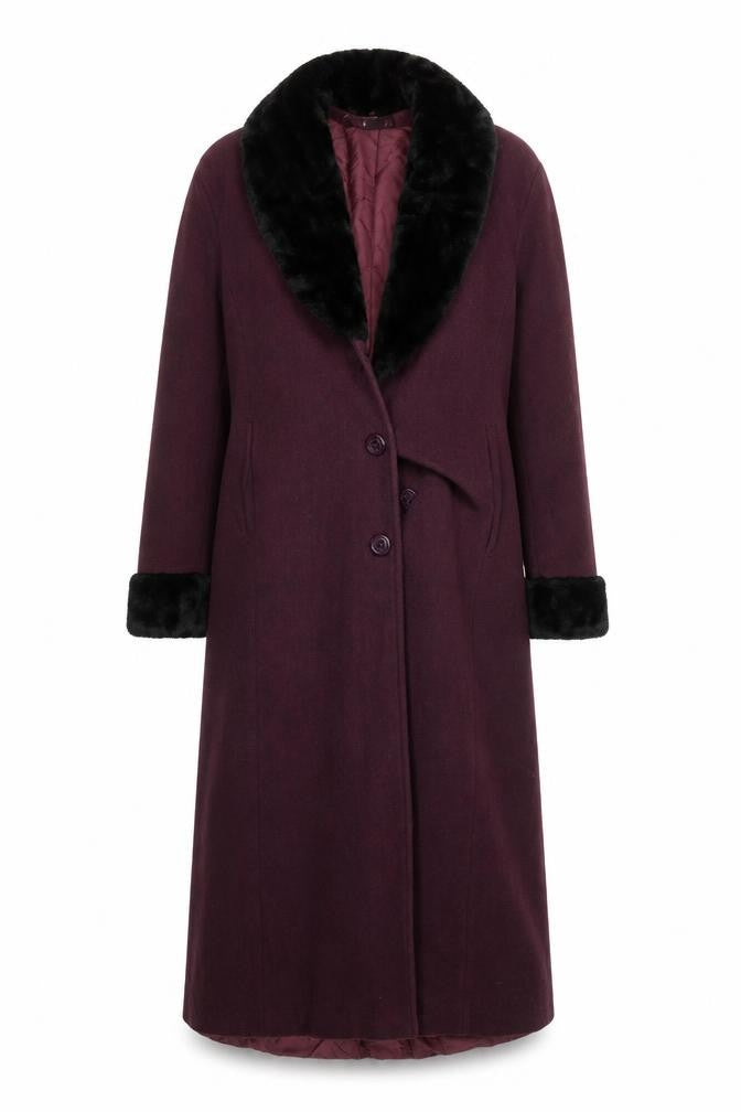 Le Montaigne Burgundy Wool Long Coat with Faux Fur Collar - Women’s M Elegant Winter Overcoat