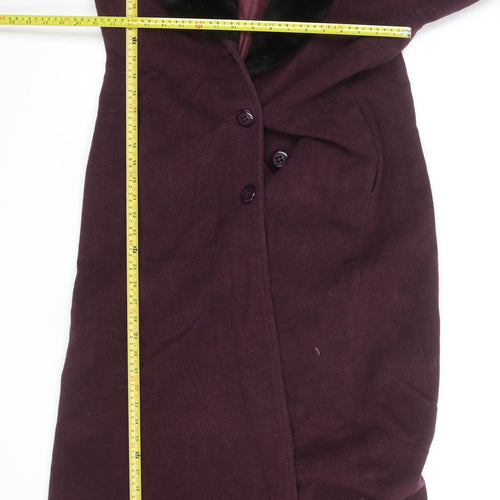 Le Montaigne Burgundy Wool Long Coat with Faux Fur Collar - Women’s M Elegant Winter Overcoat