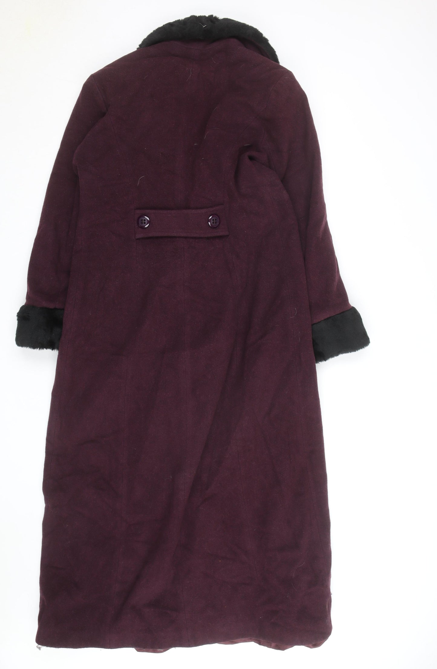 Le Montaigne Burgundy Wool Long Coat with Faux Fur Collar - Women’s M Elegant Winter Overcoat