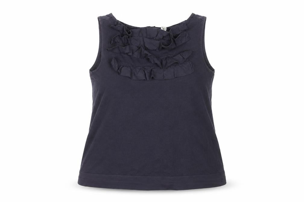 Front view of Toby Dale Women's Navy Sleeveless Ruffle Top, size 16, Cotton Blend